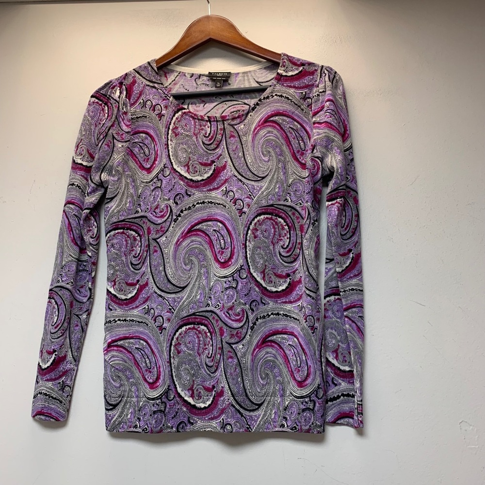 Talbots Sweater Womens Small Petite Purple Excellent Merino Wool Paisley Top